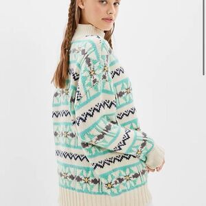 American Eagle Oversized Blue & Cream Mock Neck Fair Isle Sweater